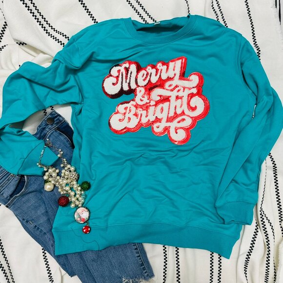 Dark Teal Red White Merry & Bright Christmas Sweatshirt - Picture 1 of 2